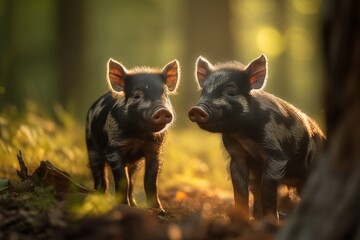 Image of a pair of Piglets walking in the sun drenched woodlands.