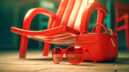 red beach chair  red sunglasses and bag; generative AI
