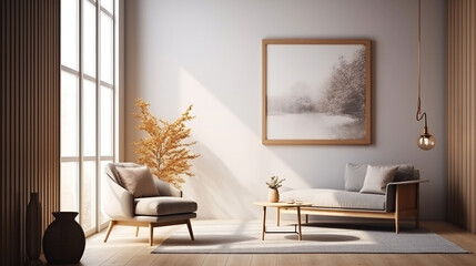 mockup poster frame in minimalist modern interior; generative AI