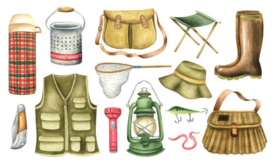 Collection of elements for fishing. Creel, vest, hat, bag, rubber boots, folding chair, thermos, bait, flashlight. Vintage fishing watercolor illustration element set - obrazy, fototapety, plakaty