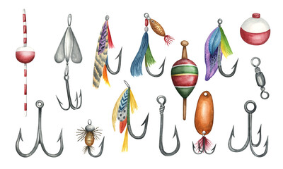 Collection of elements for fishing. Vintage floats, salmon fly lures, fishing hooks, metal spoons. Fishing watercolor illustration set of elements