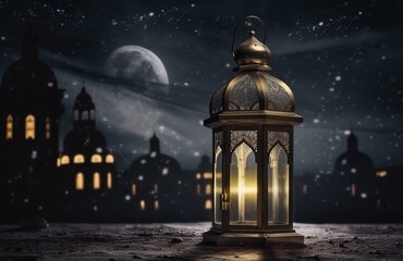 Lantern with burning candle on a wooden table in front of the moon and mosque Generative ai