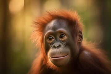 Portrait closeup of a beautiful baby, juvenile Orangutan ape.