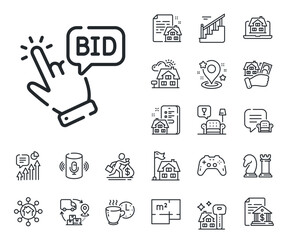 Auction sign. Floor plan, stairs and lounge room outline icons. Bid offer line icon. Raise the price up symbol. Bid offer line sign. House mortgage, sell building icon. Real estate. Vector