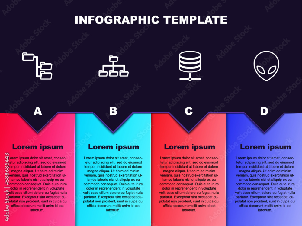 Poster set line folder tree, , server, data, web hosting and alien. business infographic template. vector