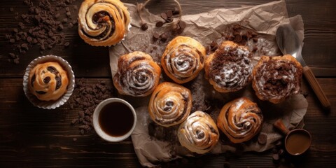 Freshly Baked Sweet Buns with Chocolate on Old Wooden Table