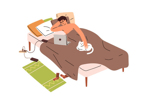 Person watching movie, series, lying in bed at home. Man relaxing with laptop computer, looking online videos, films, TV shows. Lazy time concept. Flat vector illustration isolated on white background
