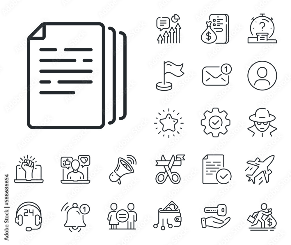 Poster doc file duplicates sign. salaryman, gender equality and alert bell outline icons. copy documents li