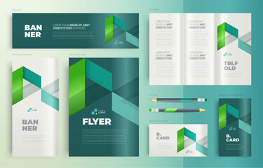 Minimal geometric Set flyer cover, tri-fold, banner, roll up banner, business card green color