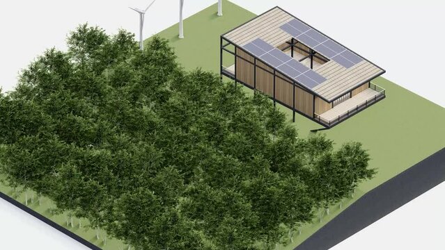 eco house isometric nature sustainable. green isometric home environment solar cell forest with windmill ecology , 3d render animation. isometric architecture with tree, grass leaf, on isolated.