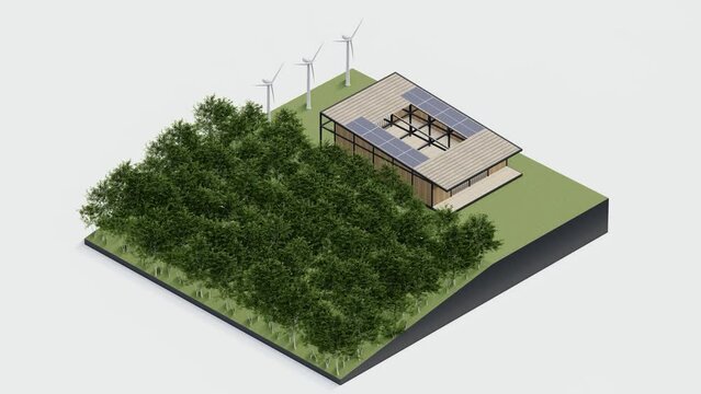 eco house isometric nature sustainable. green isometric home environment solar cell forest with windmill ecology , 3d render animation. isometric architecture with tree, grass leaf, on isolated.