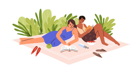 Women friends reading books outdoor, relaxing in nature at summer weekend. Girls bookworms resting with fiction novels at leisure time on holiday. Flat vector illustration isolated on white background - obrazy, fototapety, plakaty