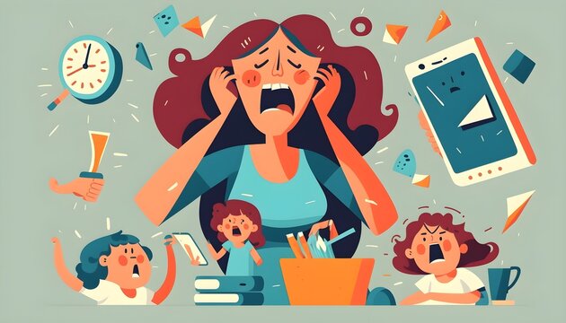 Chaos and stress of multitasking busy mom with crying baby. Tired woman cooking, thinking about work tasks and daily routine of housework flat illustration. Family, time management concept
