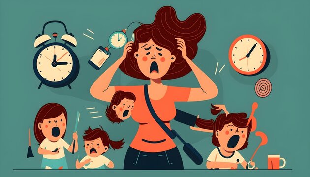 Chaos and stress of multitasking busy mom with crying baby. Tired woman cooking, thinking about work tasks and daily routine of housework flat illustration. Family, time management concept