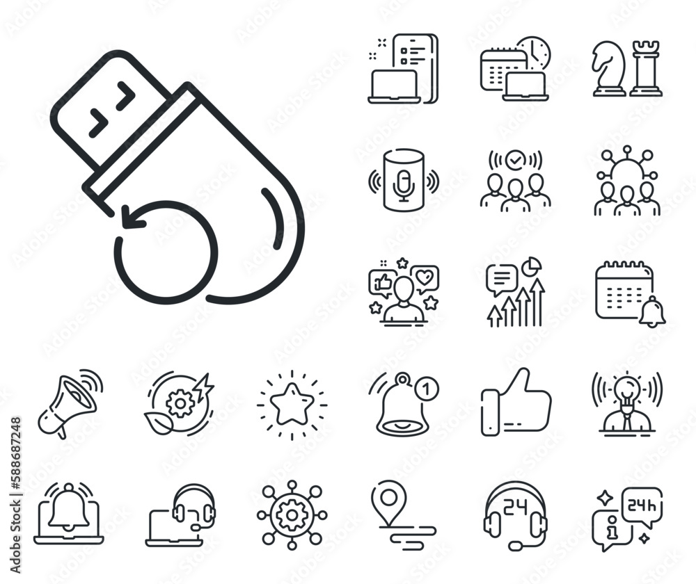 Poster backup data sign. place location, technology and smart speaker outline icons. recovery usb memory li