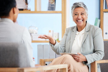 Happy woman, therapist and therapy advice, mental health questions and speaking to client in...