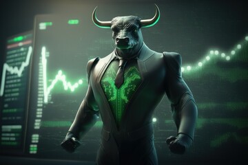 Bull bullish divergence in Stock market and Crypto currency with green graph background. Created Generative Ai