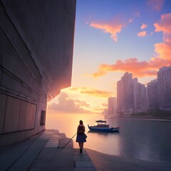 Fototapeta premium silhouette of a person walking on the street on the docks of a big city