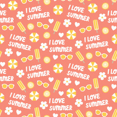 Summer beach holiday seamless repeat pattern. Digital printable paper. I love summer, popsicles, sunglasses pattern.
