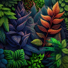 Plants close-up. Fairytale incredible plants, fairy forest, pattern with leaves, background. Bright pleasant colors. Generative AI