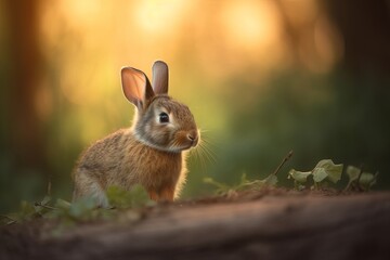 Naklejka na ściany i meble Back-lit scene of a beautiful baby rabbit sitting alone in a woodland setting