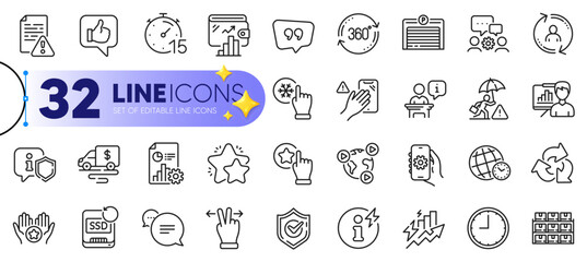 Outline set of Consumption growth, User info and Video conference line icons for web with Full rotation, Freezing click, Like thin icon. Dont touch, Shield, Timer pictogram icon. Vector