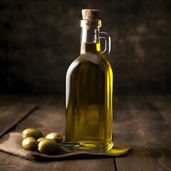 Bottle of fresh extra virgin olive oil and green olives with leaves on rustic background, generative AI.