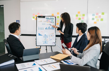 Asian business people sum up the results of their work in the company during the year, new project in office