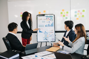 Asian business people sum up the results of their work in the company during the year, new project in office