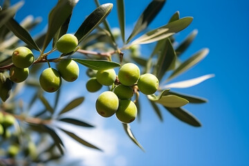 Olives on olive tree branch in autumn with blue sky in background. Seasonal nature image, generative AI.