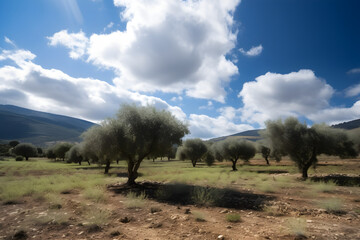 Old olive tree plantation with beautiful dramatic background with mountains and blue sky with clouds, generative AI.