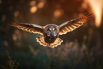 Great Horned Owl in flight with warm summer sunlight