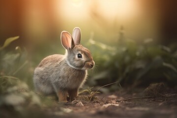 Fototapeta premium Back-lit scene of a beautiful baby rabbit sitting alone in a woodland setting