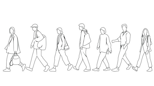 Vector silhouettes of  men and a women, a group of walking  business people, students, linear sketch, black and white color isolated on white background