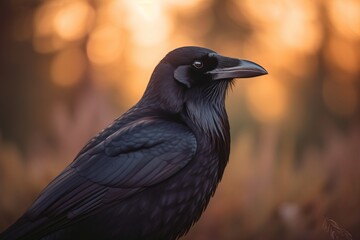 Fototapeta premium Back-lit scene of a beautiful Raven, Rook sitting alone in a woodland setting.