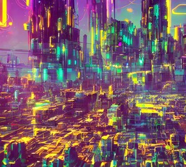 Digital illustration of a sci-fi cityscape with futuristic buildings.