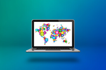 World Map made of icons on a laptop screen