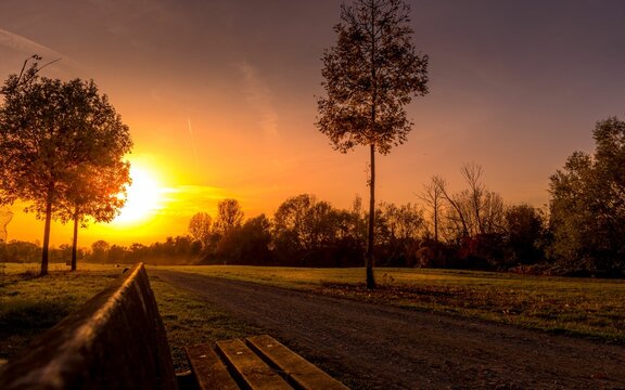 Beautiful landscape of a sunset over the park in Raunheim, Germany.