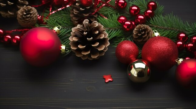 Christmas background decorated with pine balls with copy area. AI-generated images