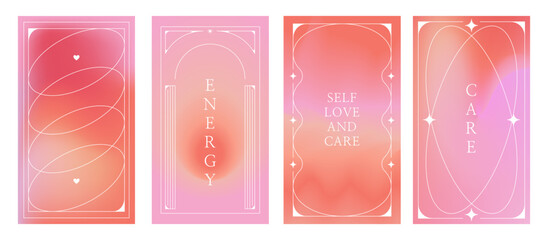 Vector set of design elements and illustrations in simple minimalist linear style - self care and love motivational quotes, prints and posters in y2k style