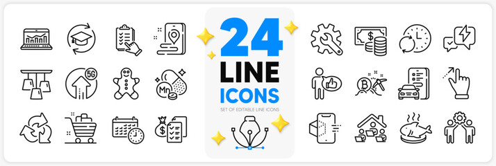 Icons set of Lightning bolt, Customisation and Grocery basket line icons pack for app with Recycle, Touchscreen gesture, Coins banknote thin outline icon. Update time. Design with 3d stars. Vector