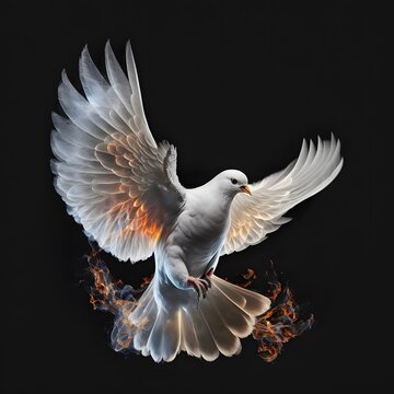 Beautiful white dove and fire isolated on black background - AI generated