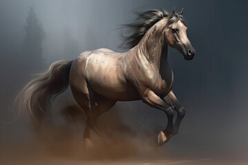 Obraz na płótnie Canvas Image of a brown horse runs in the middle of the desert. Wildlife. Animals. illustration, generative AI