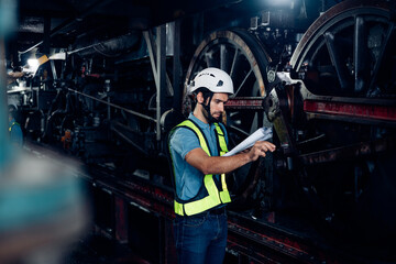 Male engineer maintenance locomotive engine wearing safety uniform, helmet and gloves work in locomotive repair garage. 
