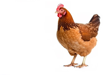 image of standing brown hen on white background. Farm Animals. illustration, generative AI.
