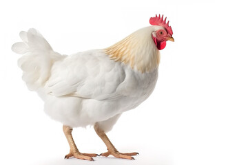 Fototapeta premium image of standing white hen on white background. Farm Animals. illustration, generative AI.