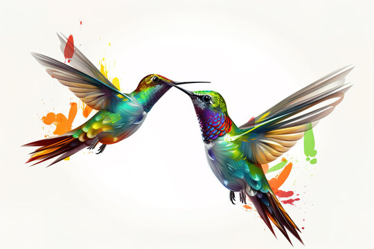 image of brightly colored hummingbirds in flight on white background. Wildlife. Birds. illustration, generative AI.