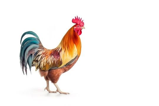 image of bright colors rooster stands on white background. Farm Animals. illustration, generative AI.