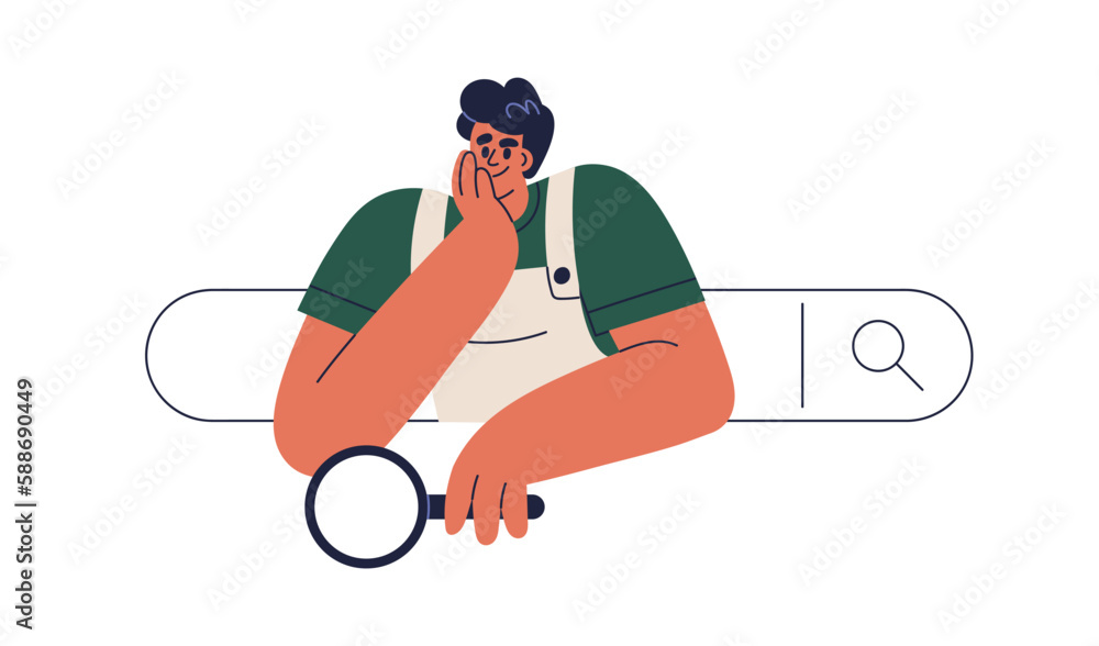 Aufkleber Search engine optimization, customers query analysis concept. Man with magnifier peeking out of bar in web browser, surfing information online. Flat vector illustration isolated on white background