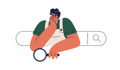 Search engine optimization, customers query analysis concept. Man with magnifier peeking out of bar in web browser, surfing information online. Flat vector illustration isolated on white background